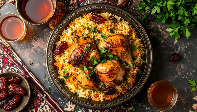 Delicious Chicken Kabsa Served in a Bowl with Dates and Tea, a Traditional Middle Eastern Dish