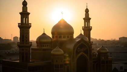 Mosque with domes and minarets at sunset, silhouette cityscape, golden hour glow.