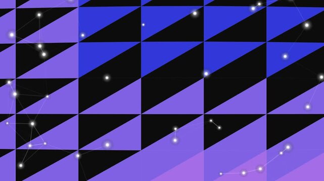 Dynamic geometric abstract background with glowing network connections over a vibrant purple and blue gradient triangular pattern, perfect for digital tech concepts