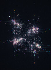 Abstract geometric network glows with cinematic lighting in a cosmic setting