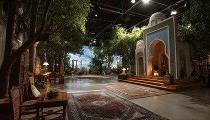 Interior of Ornate Middle Eastern Archway with Greenery and Furniture, Indoor Studio Setting, Warm Lighting.