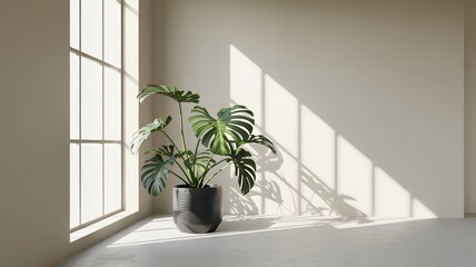 Lush green Monstera Deliciosa plant in a modern black pot stands in a bright minimalist room featuring light colored walls and floor with warm natural sunlight casting strong windo