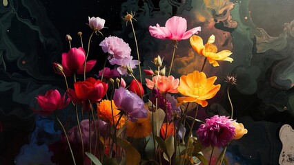 Vibrant array of colorful flowers in full bloom against a dark background