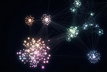 Connected nodes present innovative network on the minimalist dark background technology