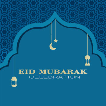 Eid Mubarak Greeting Card Design with Doodle Style Hanging Lantern and Crescent Moon on Blue Background.
