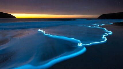 Spectacular bioluminescent waves glowing brilliant blue as they gently wash ashore a serene beach at magical twilight under a colorful sunset horizon and distant dark hills