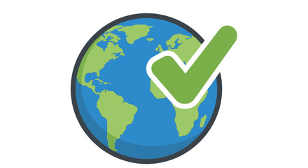 Green Check Mark on Globe Icon: Global Approval, Success, Earth Business © punduh