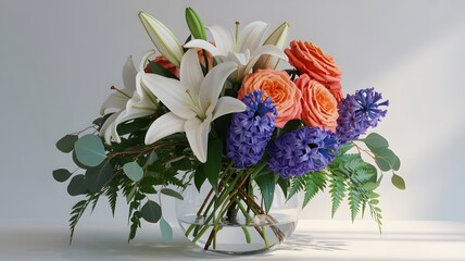 Elegant fresh flower bouquet with white lilies peach roses and purple hyacinths in a clear glass vase on a bright surface with soft natural light for a serene atmosphere