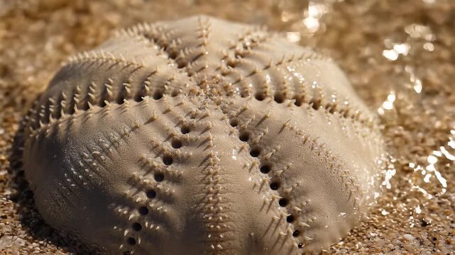 Sea Urchin Shell on Sandy Beach, Macro Marine Echinoderm Texture Close Up, Nature Background