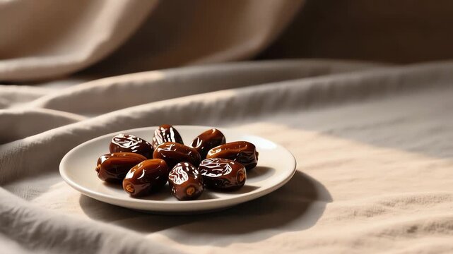 dates on plate under warm sunlight on beige fabric closeup