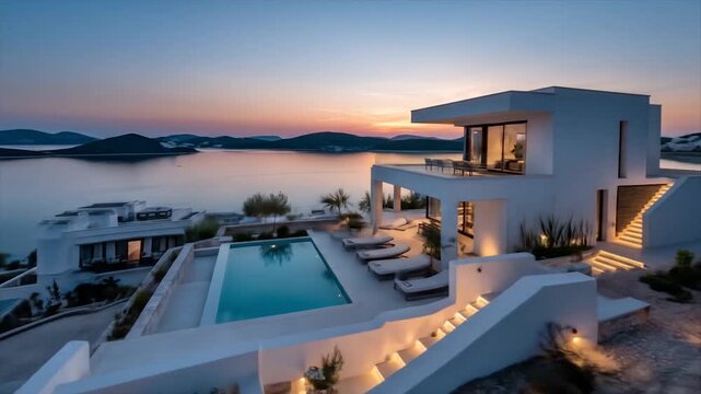 Luxury modern house with pool waterfront at sunset scenic landscape