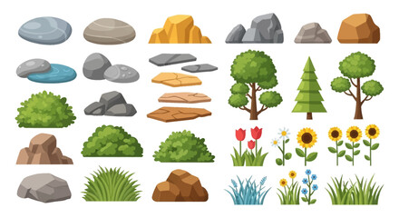 Cartoon illustration of various rocks trees flowers and grass elements © PROMA