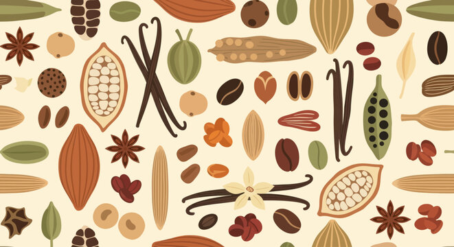 Seamless pattern of assorted spices and cocoa beans