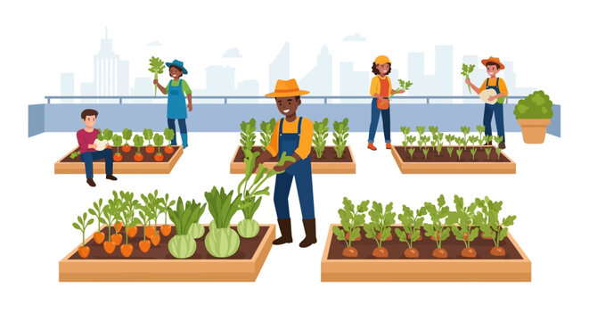 People tending a rooftop garden with vegetables and a city skyline