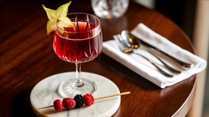 Vibrant red cocktail in an elegant cut glass goblet garnished with star fruit and fresh berries served on a marble coaster atop a polished wooden table