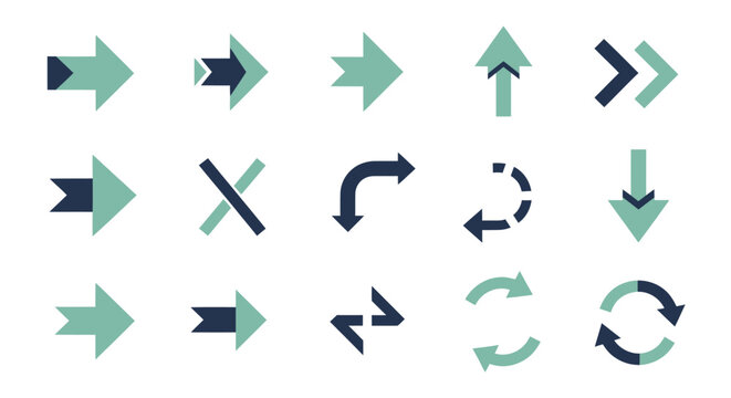 Collection of directional arrows and symbols on a white background.