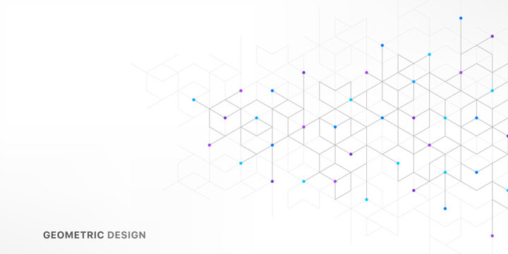 Abstract geometric 3D cube structure with connected lines and dots on white background. Concept of digital technology, blockchain, data visualization, architecture, innovation and modern design