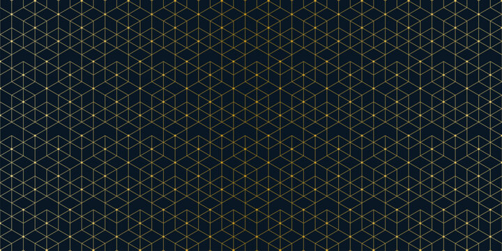 Elegant geometric gold pattern with hexagonal and triangular lines and dots on dark background