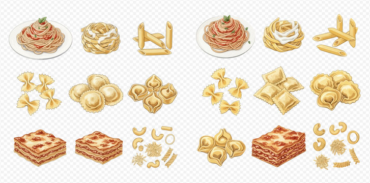 Various types of Italian pasta and dishes including spaghetti, lasagna, ravioli, and farfalle, isolated on a transparent background.