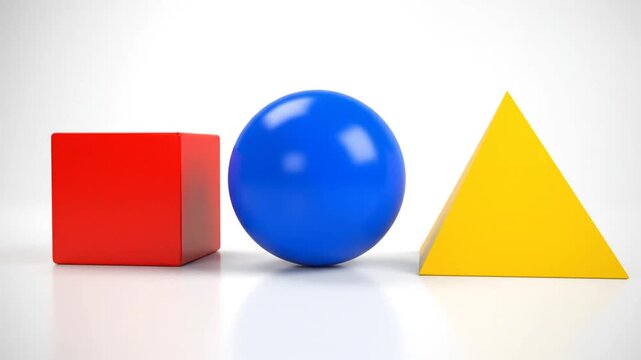 3D Red Cube, Blue Sphere, Yellow Pyramid on White Background