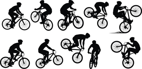 Naklejka premium Silhouettes of BMX and freestyle cyclists performing stunts, wheelies, and jumps, dynamic biking action vector illustration set