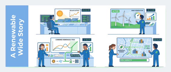 Vector illustration set of a renewable energy control center monitoring solar output, wind generation, combined power feed, and smart grid stability for sustainable clean energy management.