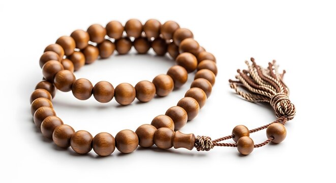 A string of wooden prayer beads with a tassel lies against white