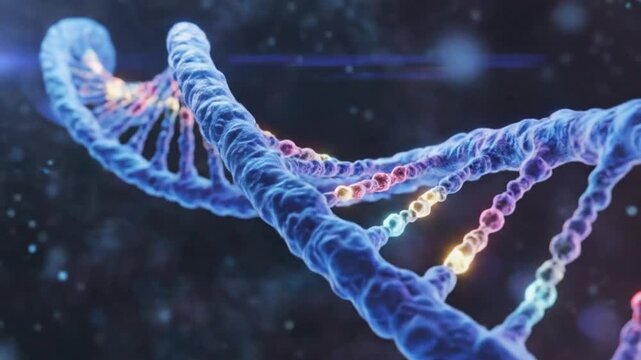 Abstract 3D render of a blue DNA double helix structure with colorful glowing segments.