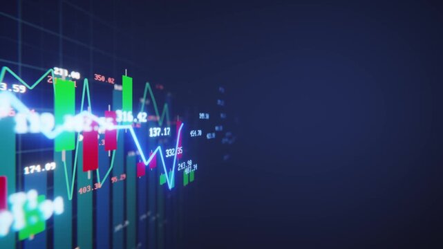 Glowing digital graph of stock market prices and trading indicators on a dark background. Seamless loop