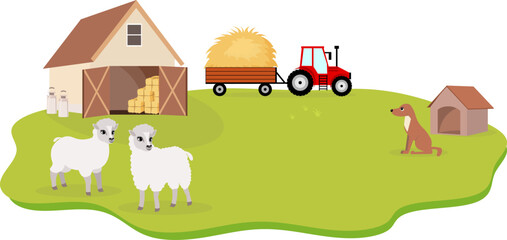 Fototapeta premium Farm Animals. Cute farm. Sheep, dog and tractor near a barn on a farm. Collection of farm animals. Flat vector illustration. Isolated
