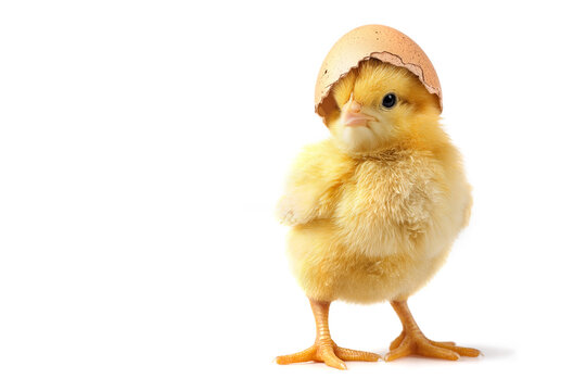 Funny yellow newly hatched small baby chick with cracked eggshell on his head isolated on white background with copy space, spring and Easter celebration