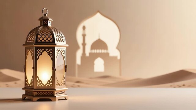 lantern in desert with mosque silhouette at sunset, warm golden light