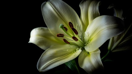 Fototapeta premium A beautiful white lily with delicate petals stands out against a stark black background.