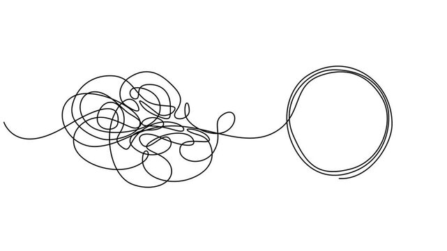 Chaotically tangled line and untied knot in form of circle continuous one line drawing animation, motion. Full length single line animation, minimalist pro vector mental health concept. Self drawing.