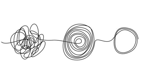 Chaotically tangled line and untied knot in form of circle continuous one line drawing animation, motion. Full length single line animation, minimalist pro vector mental health concept. Self drawing.