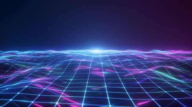 Abstract digital landscape with glowing blue and purple grid representing data flow or futuristic technology.