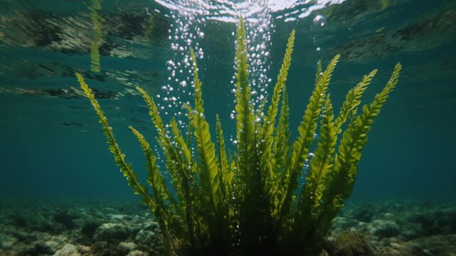 Oxygen Bubble Rise. Photosynthesis & Energy from Sunlight. Marine Science. An aquatic plant (like Elodea) underwater releasing perfectly round oxygen bubbles that float upward toward a sunlit surface
