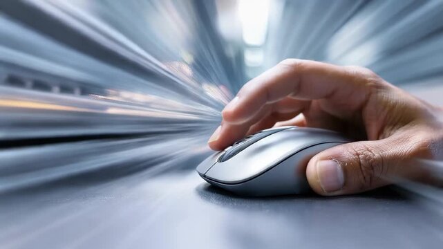 Hand clicking a computer mouse while browsing in a modern workspace, showcasing speed and technology at play