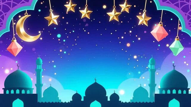 mosque skyline night stars lanterns crescent moon