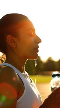 Athletic Woman Drinking Water from a Bottle After Exercising Outdoors at Sunset.
