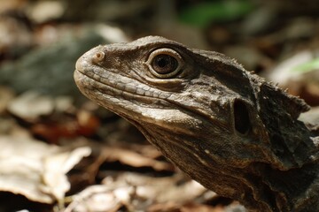 Obraz premium Close Up Profile of Ancient Tuatara Reptile in Natural Forest Habitat