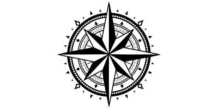 Vintage nautical windrose and compass rose vector illustration featuring a north star symbol for map navigation and travel adventure direction