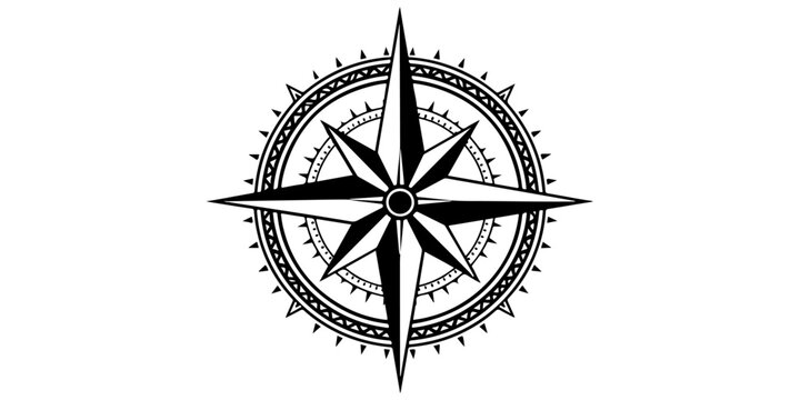 Nautical wind rose compass vector icon on a black background featuring a star design with north direction arrows for map navigation and travel adventure cartography