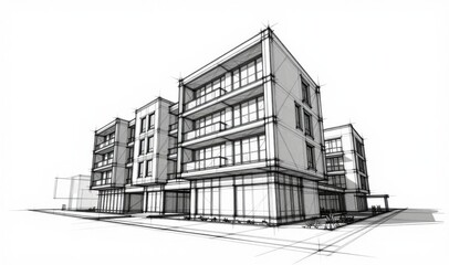 Fototapeta premium Architectural Sketch of Modern Apartment Building Exterior with Balconies and Contemporary Design Illustration