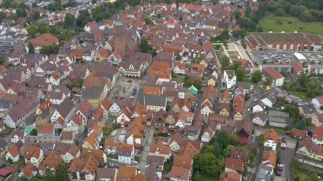 Aerial view around the old town city of  Weil der Stadt, Germany Baden-Wurttemberg ona cloudy summer day