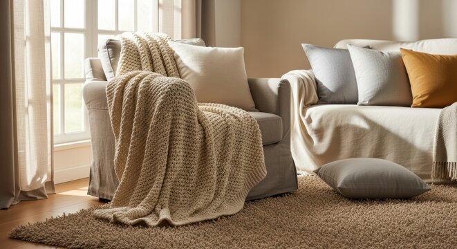 Cozy living room interior featuring comfortable furniture and warm textiles