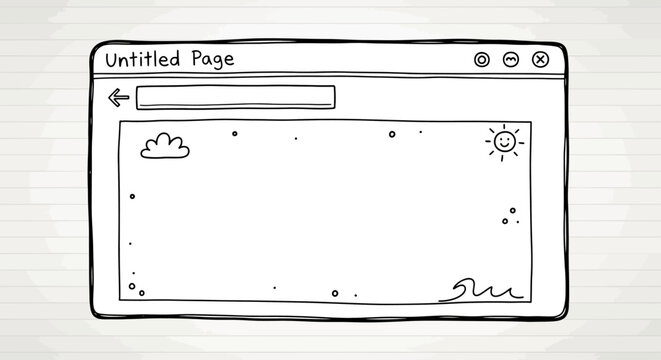 Hand drawn illustration of a simple browser window with a cloud sun and wave design element