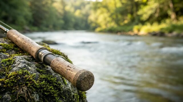 A fishing rod is positioned on a moss-covered rock near a flowing river. Green trees surround the area