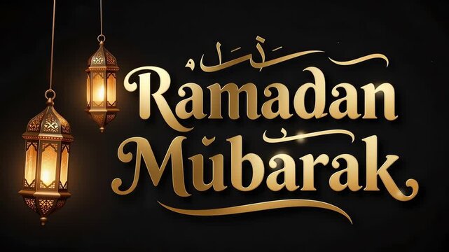 ramadan mubarak text with hanging lanterns on black background gold script