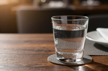 Clear Glass of Refreshing Water on Wooden Table in Restaurant or Home Environment